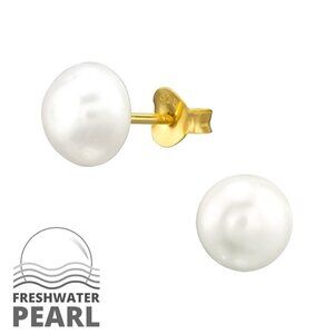 14K Gold Vermeil Freshwater Pearl Stud Earrings 8mm​